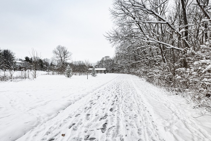 Frozen footpath in the public park in Lexington, Kentucky after fresh snowfall