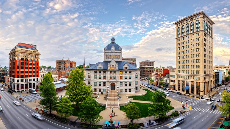 Lexington, Kentucky, USA historic downtown cityscape at blue hour.
